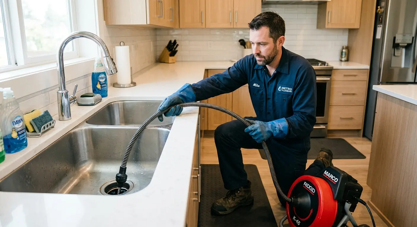Drain cleaning technician using a motorized snake on a kitchen sink in Normal