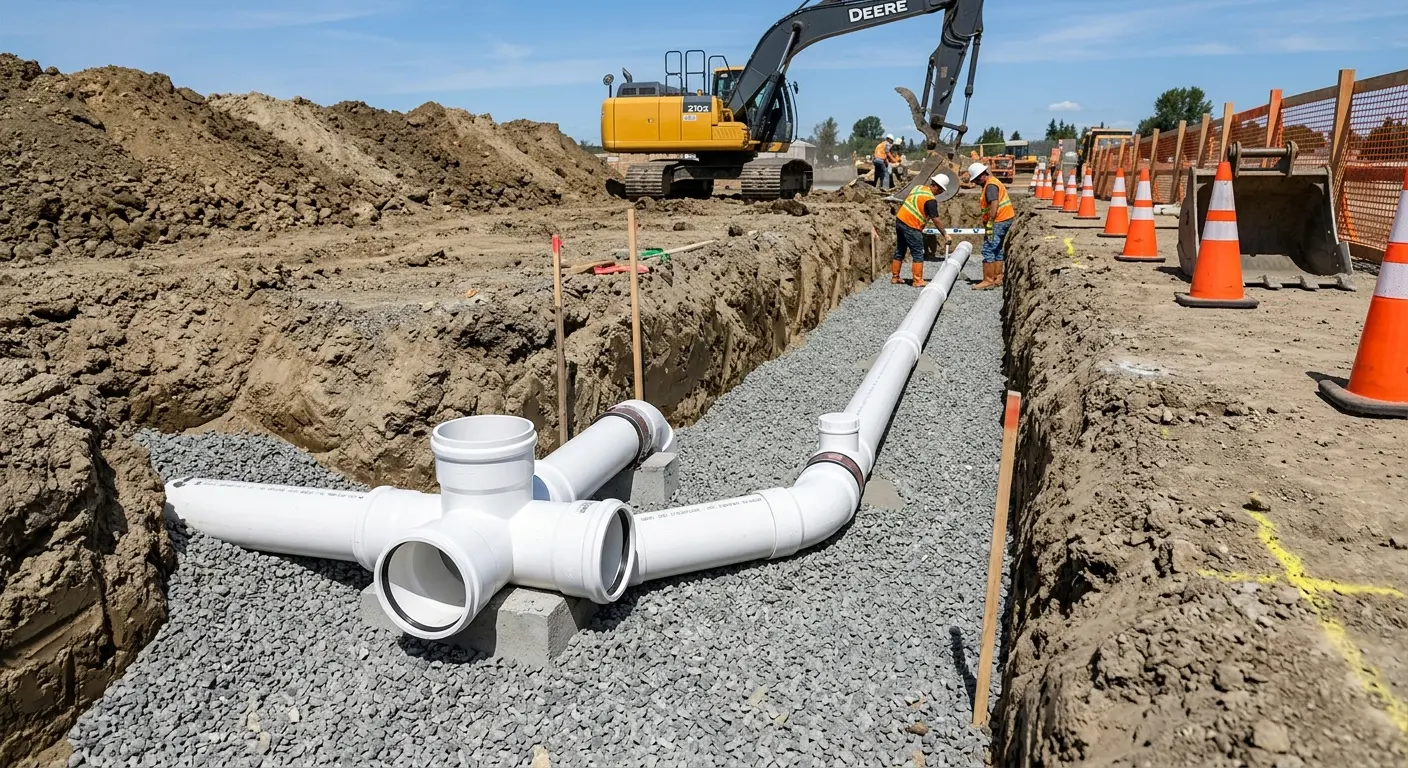 New PVC sewer pipe installation in open trench for Sewer Backup in Normal