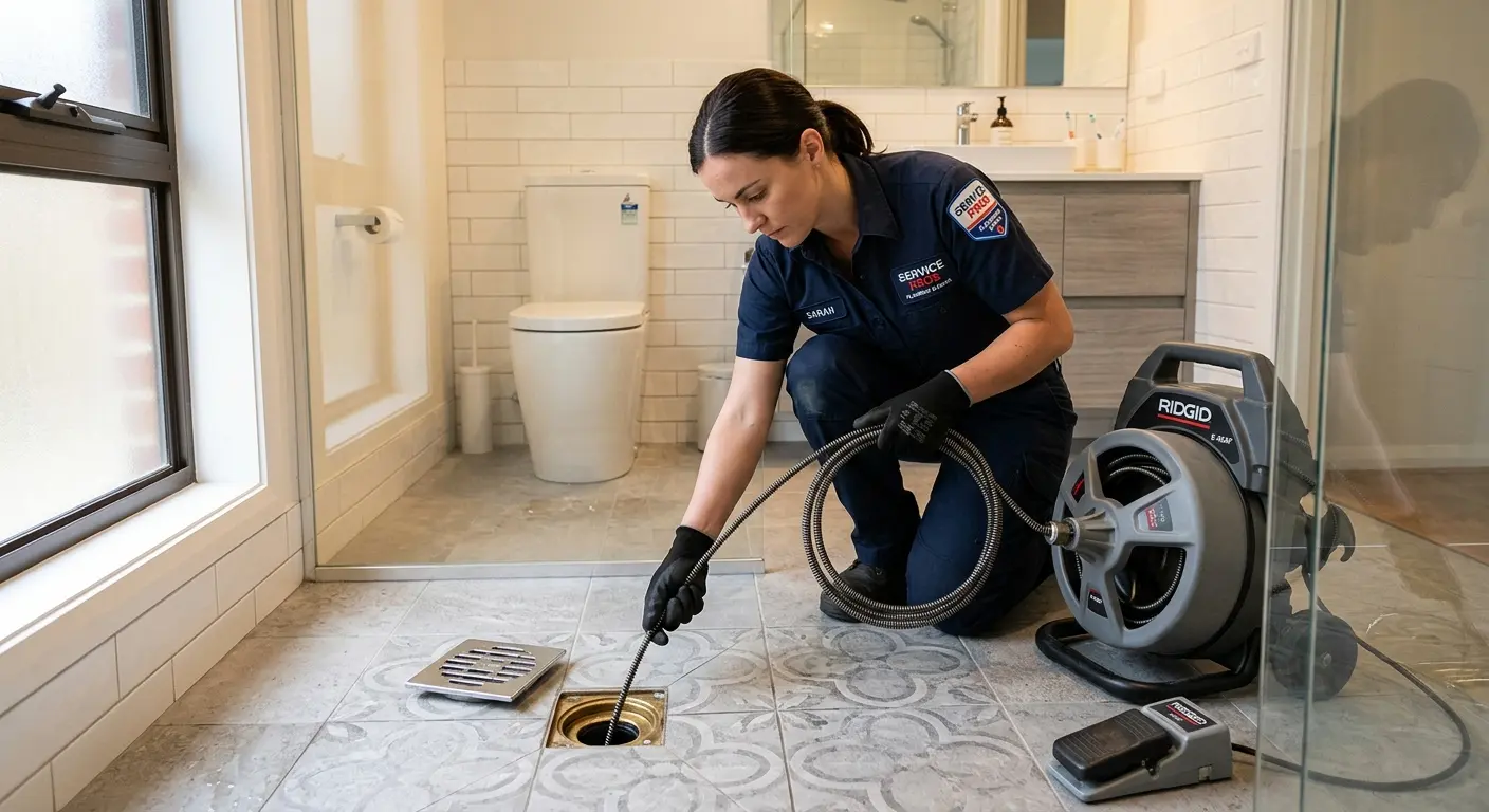Technician clearing a bathroom floor drain for Sewer Line Replacement in Normal